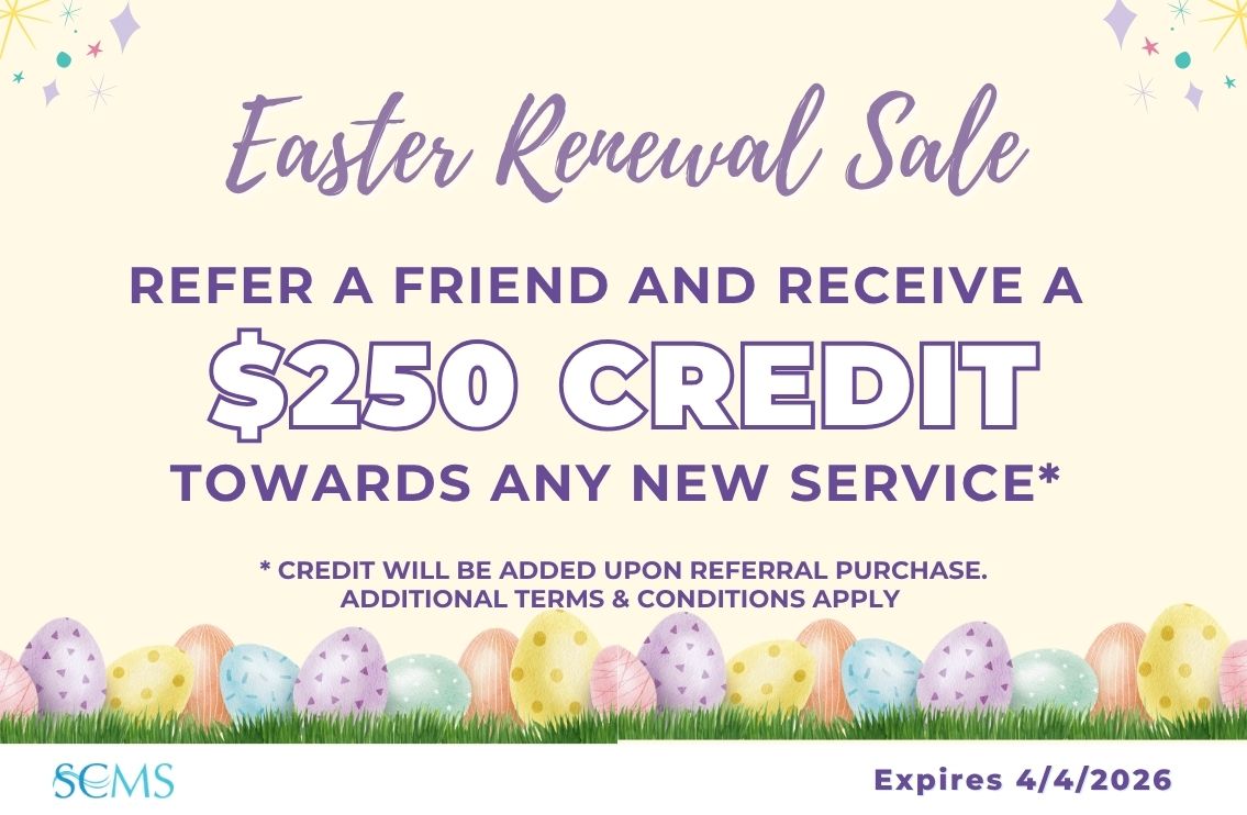 South Coast MedSpa Easter Renewal Sale referral promotion. Refer a friend and receive a 250 dollar credit towards any new service. Credit will be added upon referral purchase. Additional terms and conditions apply. Offer expires April 4 2026.