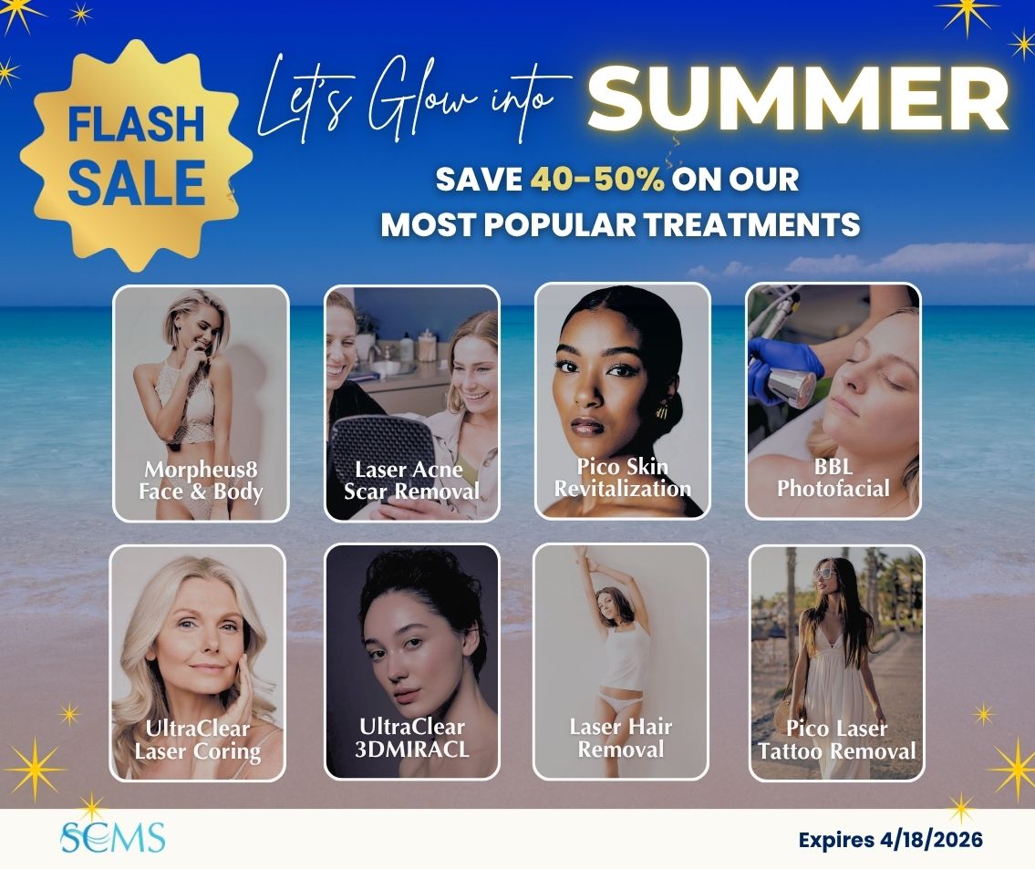Flash Sale graphic with beach background and text reading “Let’s Glow into Summer” and “Save 40–50% on our most popular treatments.” Featured treatments shown in image tiles include Morpheus8 Face & Body, Laser Acne Scar Removal, Pico Skin Revitalization, BBL Photofacial, UltraClear Laser Coring, UltraClear 3DMIRACL, Laser Hair Removal, and Pico Laser Tattoo Removal. SCMS logo displayed at bottom left. Text at bottom right reads "Expires 4/18/2026"