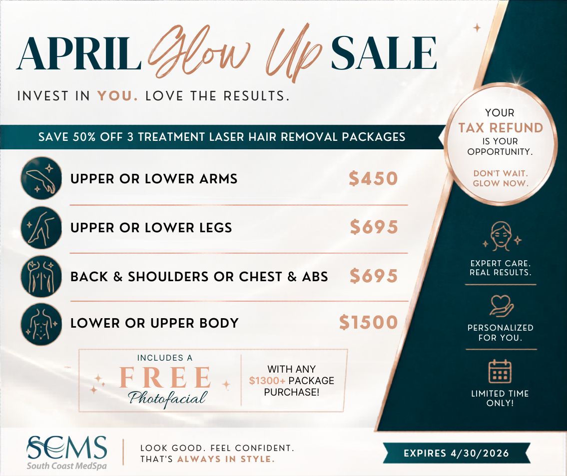 April Glow Up Sale promotional flyer for laser hair removal showing “Save 50% off 3 treatment laser hair removal packages.” Treatment options listed include Upper or Lower Arms $450, Upper or Lower Legs $695, Back and Shoulders or Chest and Abs $695, Lower or Upper Body $1500. Includes callout “Includes a FREE Photofacial with any $1300+ package purchase.” Design features teal and gold styling, circular body area icons, SCMS South Coast MedSpa branding, right-side panel with “Your refund is your opportunity. Don’t wait. Glow now.” and icons representing expert care, personalized service, and limited time offer. Expires 4/30/2026.