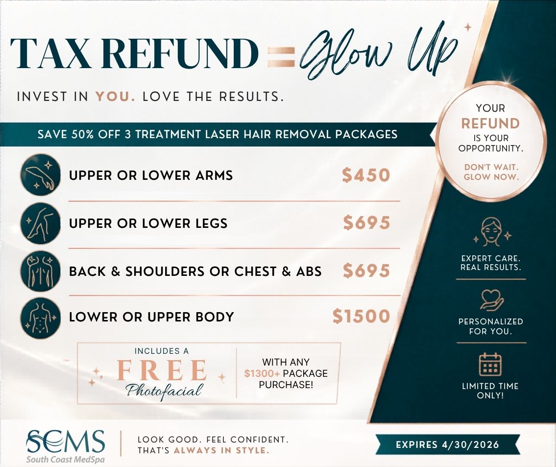 Tax Refund Glow Up promotional flyer for laser hair removal showing “Save 50% off 3 treatment laser hair removal packages.” Treatment options listed include Upper or Lower Arms $450, Upper or Lower Legs $695, Back and Shoulders or Chest and Abs $695, Lower or Upper Body $1500. Includes callout “Includes a FREE Photofacial with any $1300+ package purchase.” Design features teal and gold styling, circular body area icons, SCMS South Coast MedSpa branding, right-side panel with “Your refund is your opportunity. Don’t wait. Glow now.” and icons representing expert care, personalized service, and limited time offer. Expires 4/30/2026.