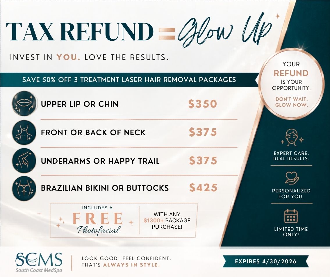 Tax Refund Glow Up promotional flyer for laser hair removal showing “Save 50% off 3 treatment laser hair removal packages.” Treatment options listed include Upper Lip or Chin $350, Front or Back of Neck $375, Underarms or Happy Trail $375, Brazilian Bikini or Buttocks $425. Includes callout “Includes a FREE Photofacial with any $1300+ package purchase.” Design features teal and gold color scheme, circular treatment icons, SCMS South Coast MedSpa logo, right-side panel with “Your refund is your opportunity. Don’t wait. Glow now.” and icons for expert care, personalized treatments, and limited time only. Expires 4/30/2026.