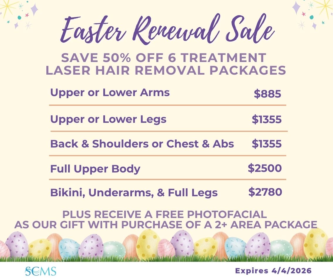 South Coast MedSpa Easter Renewal Sale for Laser Hair Removal. Save 50 percent off six treatment laser hair removal packages. Upper or lower arms 885 dollars, upper or lower legs 1355 dollars, back and shoulders or chest and abs 1355 dollars, full upper body 2500 dollars, bikini underarms and full legs 2780 dollars. Plus receive a free photofacial as our gift with purchase of a 2 or more area package. Offer expires April 4 2026.