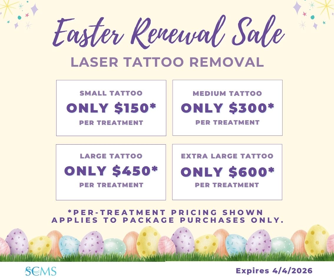Graphic for South Coast MedSpa Easter Renewal Sale for Laser Tattoo Removal. Small tattoo only 150 dollars per treatment, medium tattoo only 300 dollars per treatment, large tattoo only 450 dollars per treatment, extra large tattoo only 600 dollars per treatment. Per treatment pricing shown applies to package purchases only. Offer expires April 4 2026.