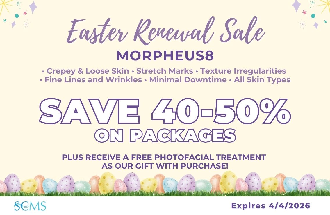 South Coast MedSpa Easter Renewal Sale for Morpheus8. Treats crepey and loose skin, stretch marks, texture irregularities, fine lines and wrinkles with minimal downtime and is safe for all skin types. Save 40 to 50 percent on packages and receive a free photofacial treatment as a gift with purchase. Offer expires April 4 2026.