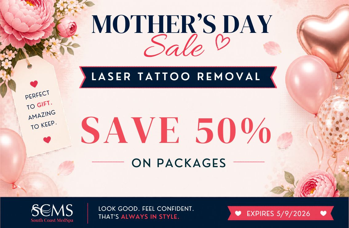 Mother’s Day Sale flyer from South Coast MedSpa featuring laser tattoo removal. Text reads “Save 50% on packages.” Pink floral background with balloons and gift tag that says “Perfect to gift. Amazing to keep.” Footer reads “SCMS South Coast MedSpa. Look good. Feel confident. That’s always in style.” Offer expires 5/9/2026.
