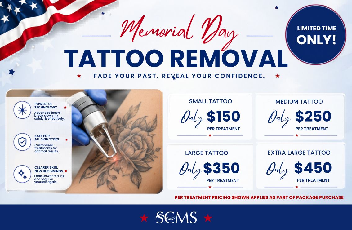 Alt text: Memorial Day promotional graphic for South Coast MedSpa advertising tattoo removal services with the headline “Memorial Day Tattoo Removal” and the tagline “Fade Your Past. Reveal Your Confidence.” A blue “Limited Time Only!” badge appears in the top corner with patriotic American flag accents. The graphic features an image of a laser tattoo removal treatment being performed on a floral tattoo. Benefits listed include: “Powerful Technology – Advanced lasers break down ink safely & effectively,” “Safe for All Skin Types – Customized treatments for optimal results,” and “Clearer Skin, New Beginnings – Fade unwanted ink and feel like yourself again.” Pricing boxes display: Small Tattoo – Only $150 per treatment; Medium Tattoo – Only $250 per treatment; Large Tattoo – Only $350 per treatment; Extra Large Tattoo – Only $450 per treatment. Fine print states: “Per treatment pricing shown applies as part of package purchase.” SCMS logo displayed at the bottom.