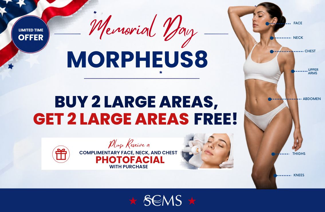 Memorial Day promotional graphic for South Coast MedSpa featuring a “Limited Time Offer” badge and the headline “Memorial Day Morpheus8.” Main offer text reads: “Buy 2 Large Areas, Get 2 Large Areas Free!” Additional promotion states: “Plus Receive a Complimentary Face, Neck, and Chest Photofacial with Purchase,” alongside an image of a photofacial treatment being performed. A female model is shown with treatment areas labeled including face, neck, chest, upper arms, abdomen, thighs, and knees. SCMS logo displayed at the bottom with patriotic red, white, and blue design accents.