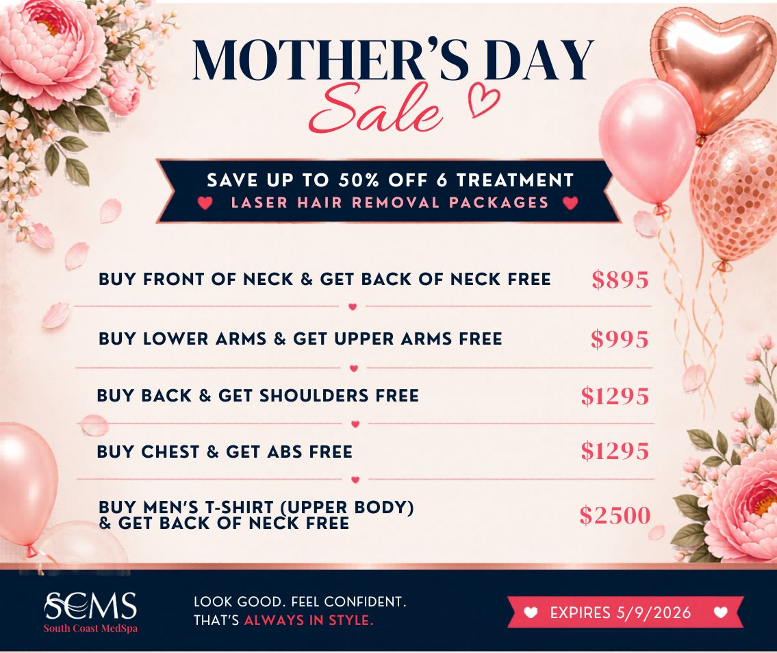 Mother’s Day Sale flyer from South Coast MedSpa featuring laser hair removal packages. Header reads “Mother’s Day Sale.” Banner reads “Save up to 50% off 6 treatment laser hair removal packages.” Offers listed: “Buy front of neck and get back of neck free $895,” “Buy lower arms and get upper arms free $995,” “Buy back and get shoulders free $1295,” “Buy chest and get abs free $1295,” and “Buy men’s T-shirt upper body and get back of neck free $2500.” Pink floral background with rose gold balloons and petals. Footer reads “SCMS South Coast MedSpa. Look good. Feel confident. That’s always in style.” Offer expires 5/9/2026.