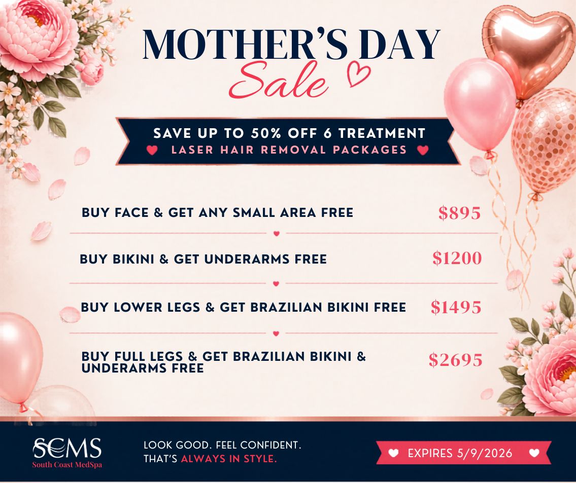 Mother’s Day Sale flyer from South Coast MedSpa featuring laser hair removal packages. Header reads “Mother’s Day Sale.” Banner reads “Save up to 50% off 6 treatment laser hair removal packages.” Offers listed: “Buy face and get any small area free $895,” “Buy bikini and get underarms free $1200,” “Buy lower legs and get Brazilian bikini free $1495,” and “Buy full legs and get Brazilian bikini and underarms free $2695.” Pink floral background with rose gold balloons and petals. Footer reads “SCMS South Coast MedSpa. Look good. Feel confident. That’s always in style.” Offer expires 5/9/2026.