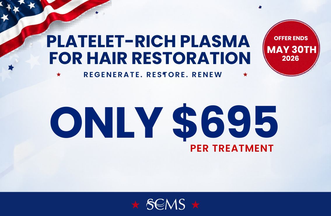 Promotional graphic for South Coast MedSpa advertising Platelet-Rich Plasma for Hair Restoration. The graphic features the headline “Platelet-Rich Plasma for Hair Restoration” with the tagline “Regenerate. Restore. Renew.” Main offer text states: “Only $695 Per Treatment.” A blue “Offer Ends May 30th, 2026!” badge and patriotic American flag accents appear throughout the design. SCMS logo displayed at the bottom of the graphic.