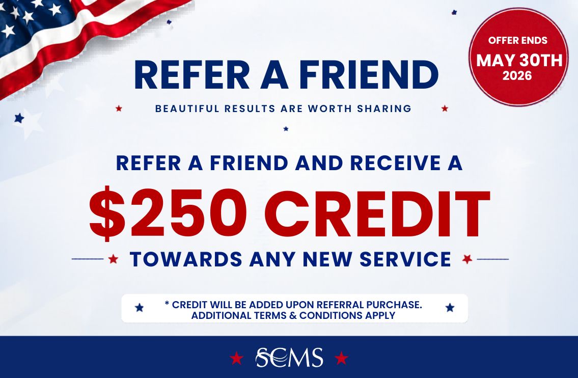 Promotional graphic for South Coast MedSpa featuring the headline “Refer a Friend” with the tagline “Beautiful Results Are Worth Sharing.” Main promotional text reads: “Refer a Friend and Receive a $250 Credit Towards Any New Service.” Fine print at the bottom states: “Credit will be added upon referral purchase. Additional terms & conditions apply.” A blue “Offer Ends May 30th, 2026!” badge and patriotic American flag accents appear throughout the design. SCMS logo displayed at the bottom of the graphic.