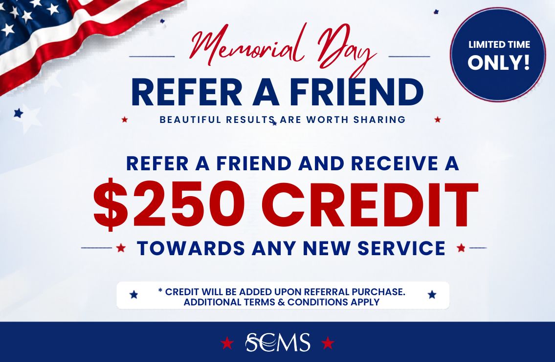 Memorial Day promotional graphic for South Coast MedSpa featuring the headline “Memorial Day Refer a Friend” with the tagline “Beautiful Results Are Worth Sharing.” Main promotional text reads: “Refer a Friend and Receive a $250 Credit Towards Any New Service.” Fine print at the bottom states: “Credit will be added upon referral purchase. Additional terms & conditions apply.” A blue “Limited Time Only!” badge and patriotic American flag accents appear throughout the design. SCMS logo displayed at the bottom of the graphic.