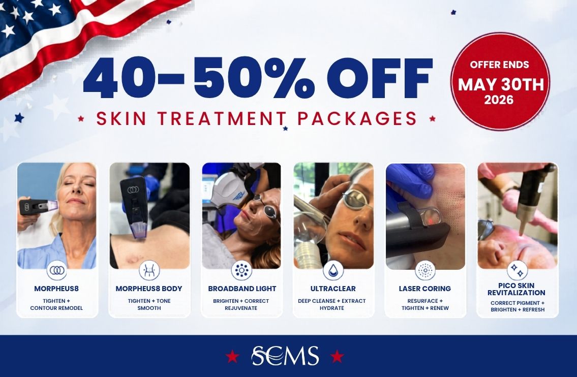Promotional graphic for South Coast MedSpa featuring the headline “y 40–50% OFF Skin Treatment Packages” with a blue “Offer Ends May 30th, 2026!” badge and patriotic American flag accents. Six featured treatment packages are displayed with treatment images and descriptions: Morpheus8 – Tighten + Contour Remodel; Morpheus8 Body – Tighten + Tone Smooth; Broadband Light – Brighten + Correct Rejuvenate; UltraClear – Deep Cleanse + Extract Hydrate; Laser Coring – Resurface + Tighten + Renew; and Pico Skin Revitalization – Correct Pigment + Brighten + Refresh. SCMS logo displayed at bottom of graphic.