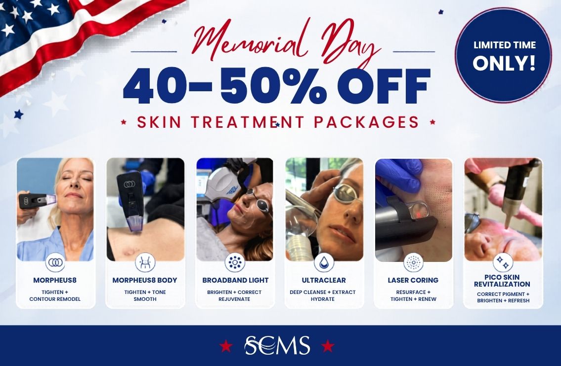 Memorial Day promotional graphic for South Coast MedSpa featuring the headline “Memorial Day 40–50% OFF Skin Treatment Packages” with a blue “Limited Time Only!” badge and patriotic American flag accents. Six featured treatment packages are displayed with treatment images and descriptions: Morpheus8 – Tighten + Contour Remodel; Morpheus8 Body – Tighten + Tone Smooth; Broadband Light – Brighten + Correct Rejuvenate; UltraClear – Deep Cleanse + Extract Hydrate; Laser Coring – Resurface + Tighten + Renew; and Pico Skin Revitalization – Correct Pigment + Brighten + Refresh. SCMS logo displayed at bottom of graphic.