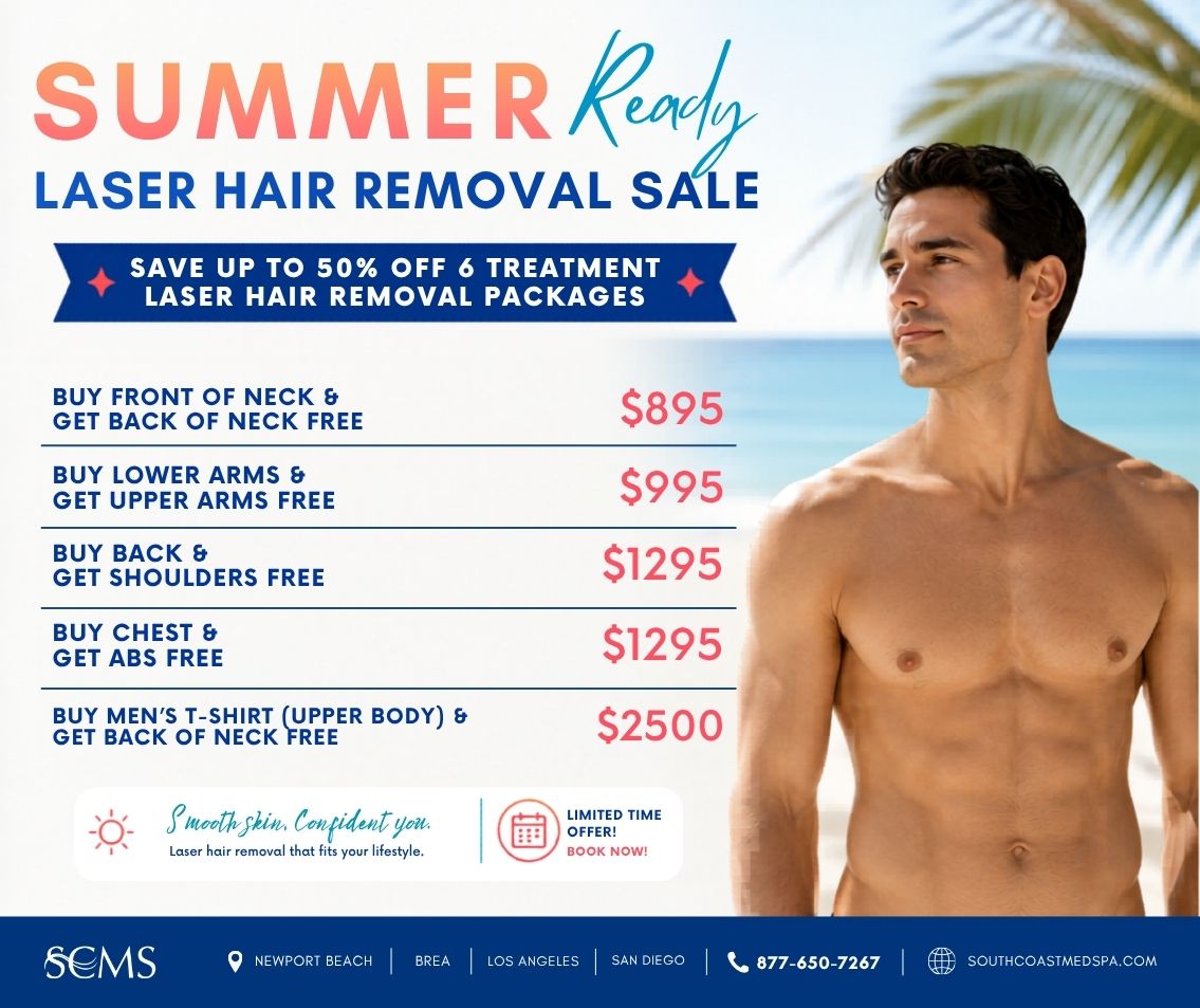 Summer Ready Laser Hair Removal Sale at South Coast MedSpa featuring up to 50% off 6-treatment laser hair removal packages for men. Offers include Front of Neck with free Back of Neck for $895, Lower Arms with free Upper Arms for $995, Back with free Shoulders for $1295, Chest with free Abs for $1295, and Men's T-Shirt Area (Upper Body) with free Back of Neck for $2500. Available in Newport Beach, Brea, Los Angeles, and San Diego.