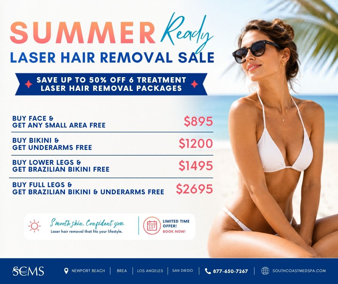 Summer Ready Laser Hair Removal Sale at South Coast MedSpa featuring up to 50% off 6-treatment laser hair removal packages. Offers include Face with free small area for $895, Bikini with free underarms for $1200, Lower Legs with free Brazilian Bikini for $1495, and Full Legs with free Brazilian Bikini and Underarms for $2695. Available in Newport Beach, Brea, Los Angeles, and San Diego.