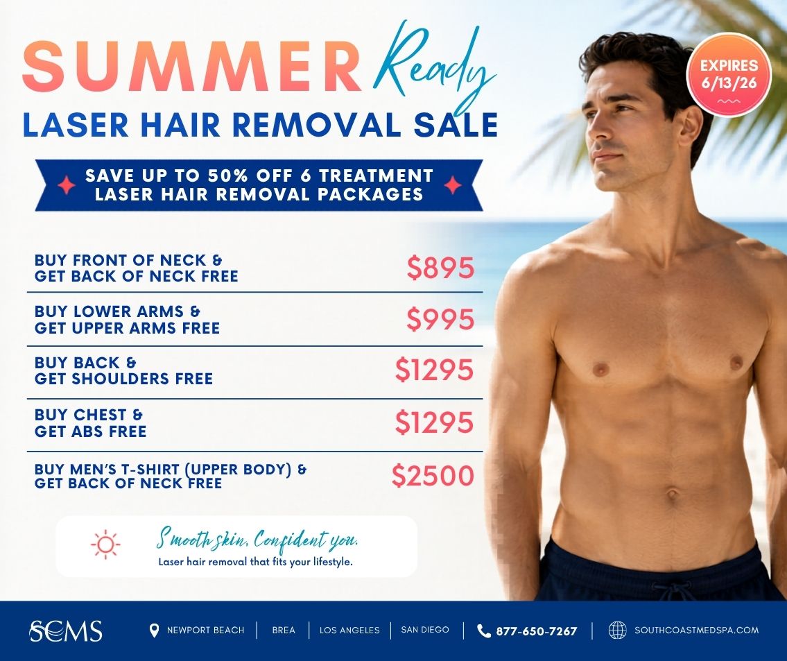 Summer Ready Laser Hair Removal Sale at South Coast MedSpa featuring up to 50% off 6-treatment laser hair removal packages for men. Offers include Front of Neck with free Back of Neck for $895, Lower Arms with free Upper Arms for $995, Back with free Shoulders for $1295, Chest with free Abs for $1295, and Men's T-Shirt Area (Upper Body) with free Back of Neck for $2500. Available in Newport Beach, Brea, Los Angeles, and San Diego. Expires 6/13/26