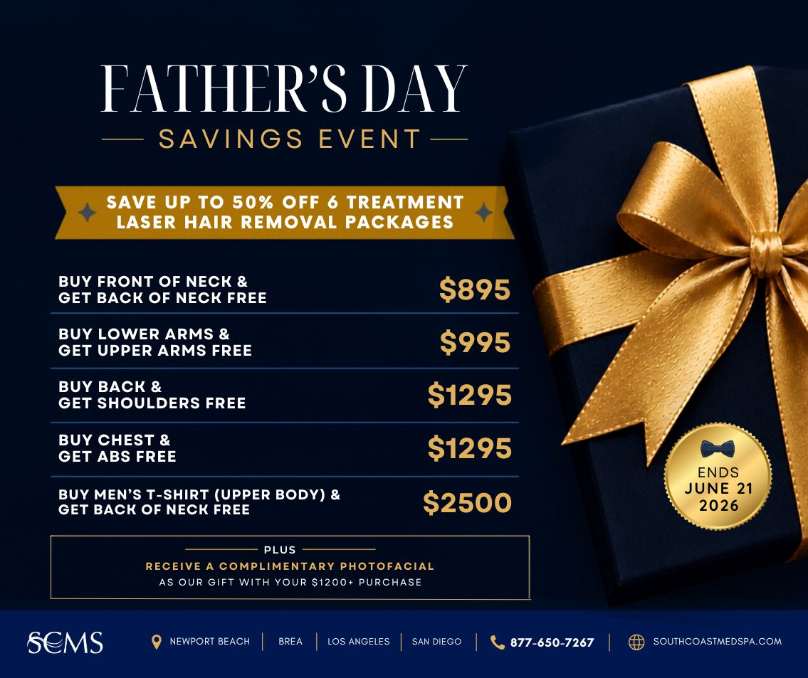 South Coast MedSpa Father's Day Savings Event promotional graphic featuring a navy blue gift box wrapped with a gold ribbon and bow. Text reads: "Save up to 50% off 6 Treatment Laser Hair Removal Packages." Offers include: "Buy Front of Neck & Get Back of Neck Free – $895," "Buy Lower Arms & Get Upper Arms Free – $995," "Buy Back & Get Shoulders Free – $1295," "Buy Chest & Get Abs Free – $1295," and "Buy Men's T-Shirt (Upper Body) & Get Back of Neck Free – $2500." Additional offer states: "Receive a Complimentary Photofacial as our gift with your $1200+ purchase." Gold seal states "Ends June 21, 2026." Footer includes South Coast MedSpa logo, Newport Beach, Brea, Los Angeles, and San Diego locations, phone number 877-650-7267, and website SouthCoastMedSpa.com. Father's Day laser hair removal promotion featuring discounted men's treatment packages and a complimentary photofacial offer.