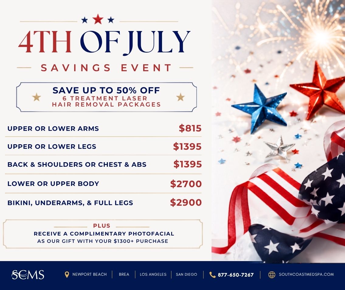 4th of July Savings Event flyer for South Coast MedSpa. Save up to 50% off 6-treatment Laser Hair Removal packages. Upper or Lower Arms $815. Upper or Lower Legs $1395. Back & Shoulders or Chest & Abs $1395. Lower or Upper Body $2700. Bikini, Underarms, & Full Legs $2900. Plus receive a complimentary Photofacial as our gift with your $1300+ purchase. Patriotic red, white, and blue stars, ribbon, and fireworks decorate the right side. SCMS locations in Newport Beach, Brea, Los Angeles, and San Diego. Call 877-650-7267 or visit SouthCoastMedSpa.com.