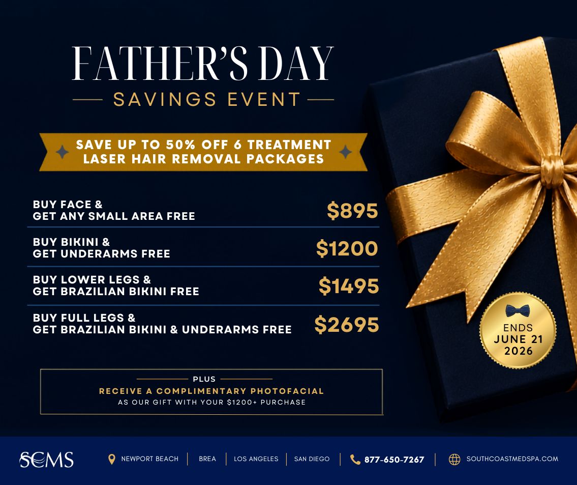 South Coast MedSpa Father's Day Savings Event promotional graphic featuring a navy blue gift box wrapped with a gold ribbon and bow. Text reads: "Save up to 50% off 6 Treatment Laser Hair Removal Packages." Offers include: "Buy Face & Get Any Small Area Free – $895," "Buy Bikini & Get Underarms Free – $1200," "Buy Lower Legs & Get Brazilian Bikini Free – $1495," and "Buy Full Legs & Get Brazilian Bikini & Underarms Free – $2695." Additional offer states: "Receive a Complimentary Photofacial as our gift with your $1200+ purchase." Gold seal states "Ends June 21, 2026." Footer includes South Coast MedSpa logo, Newport Beach, Brea, Los Angeles, and San Diego locations, phone number 877-650-7267, and website SouthCoastMedSpa.com. Father's Day laser hair removal promotion with package discounts and complimentary photofacial offer.
