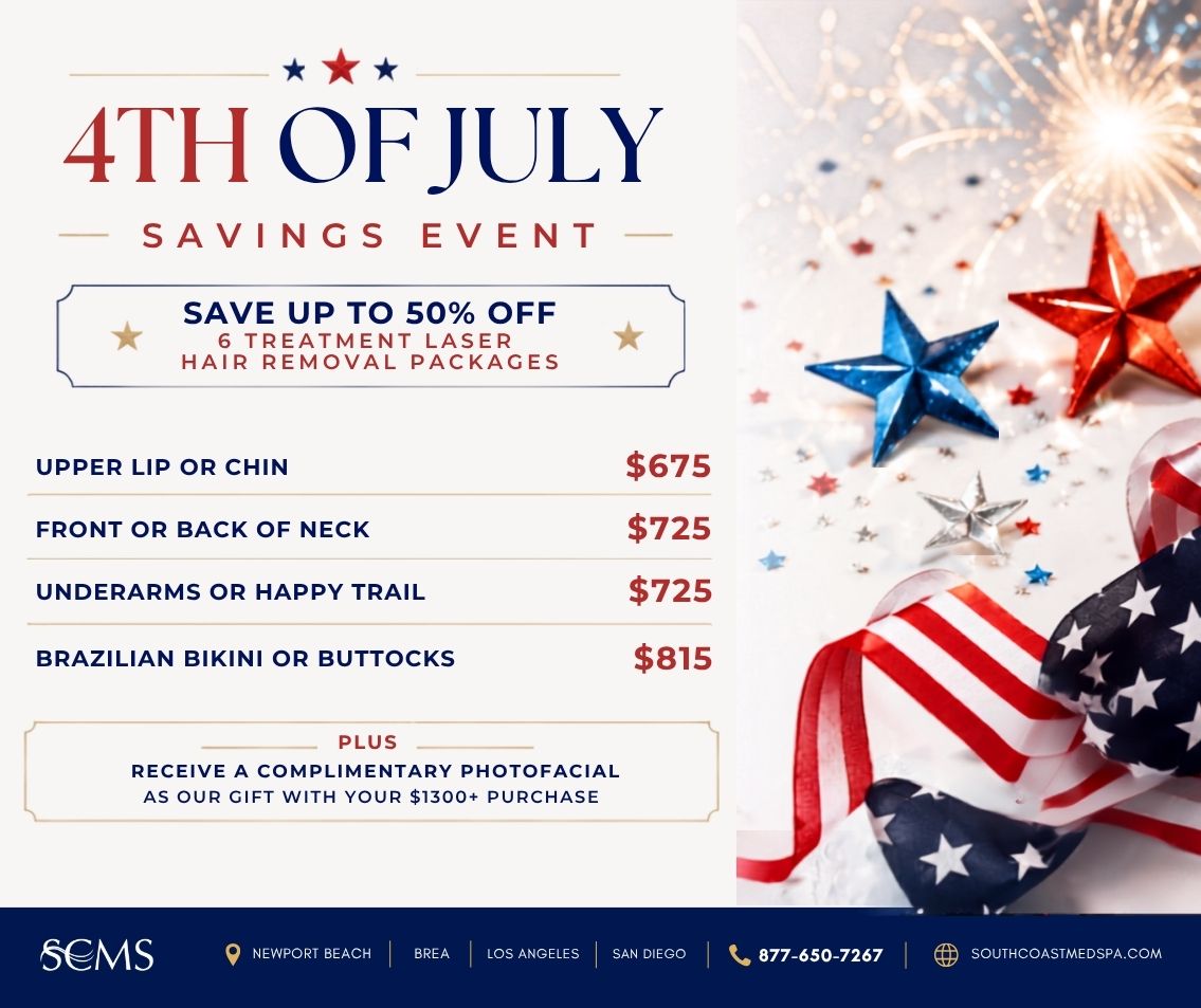 th of July Savings Event flyer for South Coast MedSpa. Save up to 50% off 6-treatment Laser Hair Removal packages. Upper Lip or Chin $675. Front or Back of Neck $725. Underarms or Happy Trail $725. Brazilian Bikini or Buttocks $815. Plus receive a complimentary Photofacial as our gift with your $1300+ purchase. Patriotic red, white, and blue stars, ribbon, and fireworks decorate the right side. SCMS locations in Newport Beach, Brea, Los Angeles, and San Diego. Call 877-650-7267 or visit SouthCoastMedSpa.com.