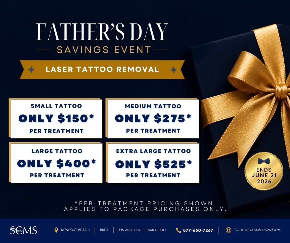 South Coast MedSpa Father's Day Savings Event promotional graphic featuring a navy blue gift box wrapped with a gold ribbon and bow. Text reads: "Father's Day Savings Event. Laser Tattoo Removal. Small Tattoo Only $150 Per Treatment. Medium Tattoo Only $275 Per Treatment. Large Tattoo Only $400 Per Treatment. Extra Large Tattoo Only $525 Per Treatment. *Per-treatment pricing shown applies to package purchases only." Gold seal states "Ends June 21, 2026." Footer includes South Coast MedSpa logo, Newport Beach, Brea, Los Angeles, and San Diego locations, phone number 877-650-7267, and website SouthCoastMedSpa.com. Father's Day special pricing for laser tattoo removal treatment packages.