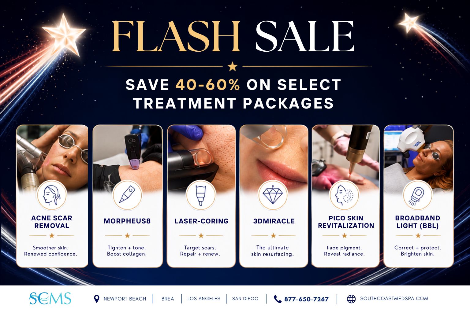 South Coast MedSpa Flash Sale promotional flyer featuring savings of 40–60% on select treatment packages. Treatments highlighted include Acne Scar Removal, Morpheus8, Laser-Coring, 3DMIRACL, Pico Skin Revitalization, and BroadBand Light (BBL) with treatment images and icons. Footer lists South Coast MedSpa locations in Newport Beach, Brea, Los Angeles, and San Diego, website SouthCoastMedSpa.com, and phone number 877-650-7267. Background features a dark blue night sky with gold "FLASH SALE" headline and shooting stars.