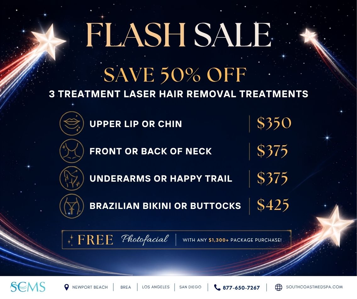 South Coast MedSpa Flash Sale promotional flyer advertising Save 50% Off 3-Treatment Laser Hair Removal Packages. Featured pricing includes Upper Lip or Chin – $350, Front or Back of Neck – $375, Underarms or Happy Trail – $375, and Brazilian Bikini or Buttocks – $425. The flyer also includes a Free Photofacial with any $1,300+ package purchase. Footer lists South Coast MedSpa locations in Newport Beach, Brea, Los Angeles, and San Diego, website SouthCoastMedSpa.com, and phone number 877-650-7267. Design features a dark blue night sky background with a gold "FLASH SALE" headline, gold accents, and shooting stars.