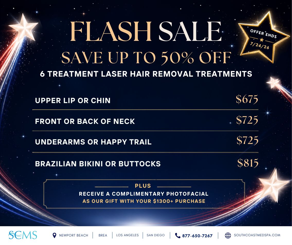 South Coast MedSpa flash sale: Save up to 50% on six laser hair removal treatments. Upper lip or chin, $675; front or back of neck, $725; underarms or happy trail, $725; Brazilian bikini or buttocks, $815. Receive a complimentary photofacial with a purchase of $1,300 or more. Offer ends July 24, 2026. Available in Newport Beach, Brea, Los Angeles, and San Diego. Call 877-650-7267 or visit SouthCoastMedSpa.com.