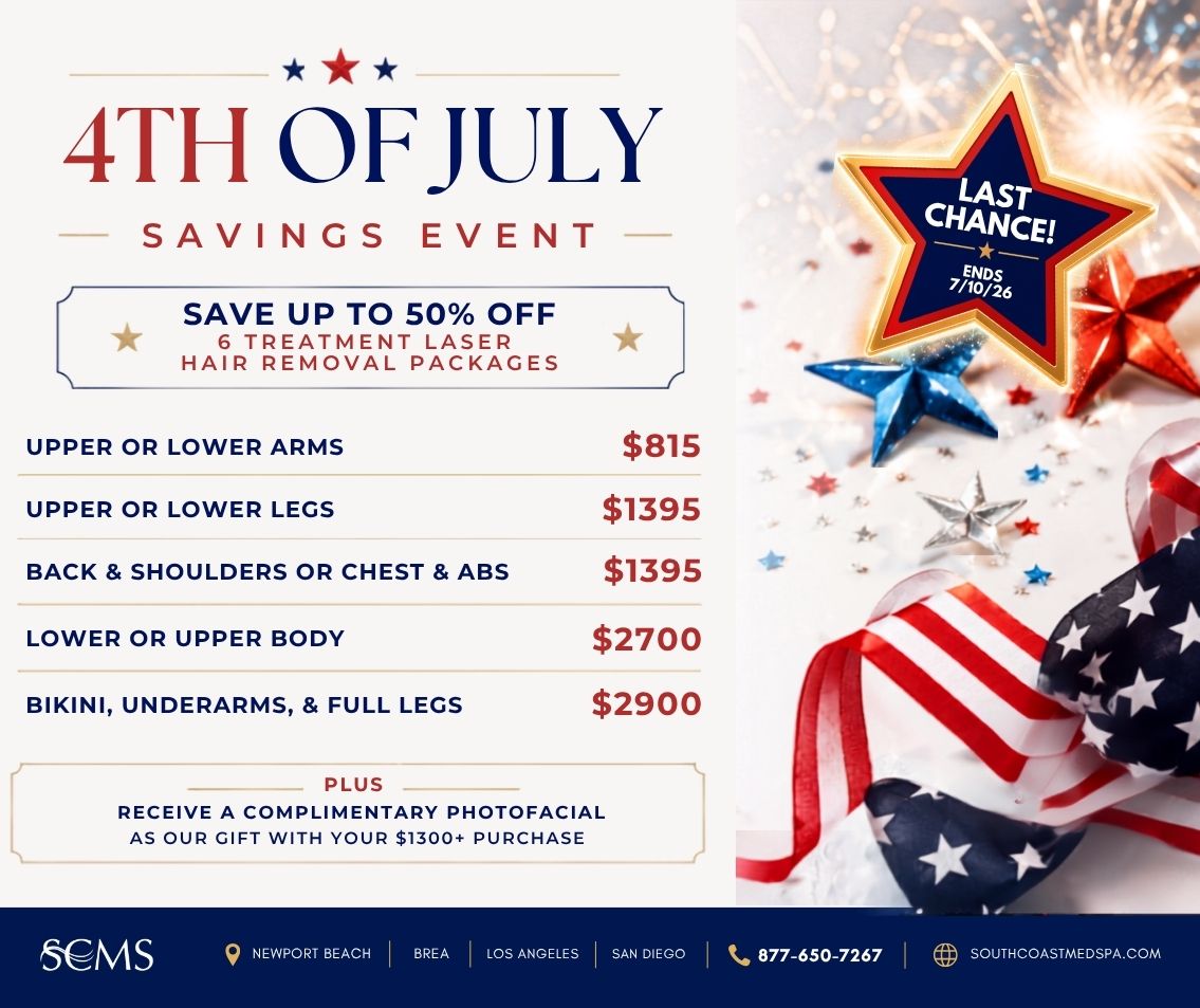 4th of July Savings Event promotion from South Coast MedSpa featuring up to 50% off 6-treatment Laser Hair Removal packages. Promotional pricing includes Upper or Lower Arms $815, Upper or Lower Legs $1,395, Back & Shoulders or Chest & Abs $1,395, Lower or Upper Body $2,700, and Bikini, Underarms, & Full Legs $2,900. Includes a complimentary Photofacial with purchases of $1,300 or more. A glowing "Last Chance! Ends 7/10/26" star appears over a patriotic background with fireworks, metallic red, white, and blue stars, and an American flag ribbon. Locations in Newport Beach, Brea, Los Angeles, and San Diego. Call 877-650-7267 or visit SouthCoastMedSpa.com.