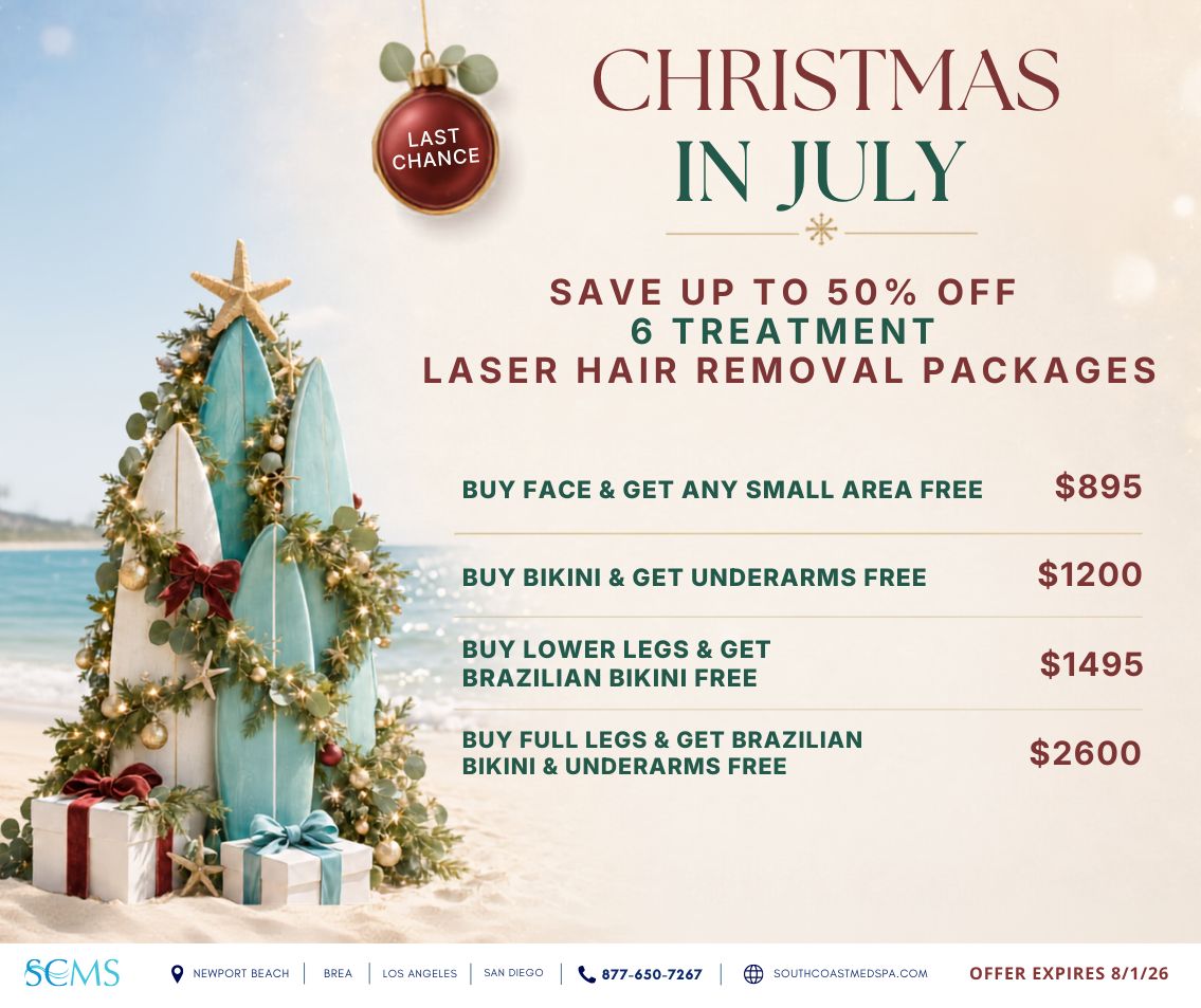 Last-chance Christmas in July promotion: save up to 50% on six-treatment laser hair removal packages. Buy a face package and receive any small area free for $895; buy a bikini package and receive underarms free for $1,200; buy a lower-legs package and receive Brazilian bikini free for $1,495; or buy a full-legs package and receive Brazilian bikini and underarms free for $2,600. Offer expires 8/1/28. South Coast MedSpa locations: Newport Beach, Brea, Los Angeles and San Diego. Call 877-650-7267 or visit SouthCoastMedSpa.com.