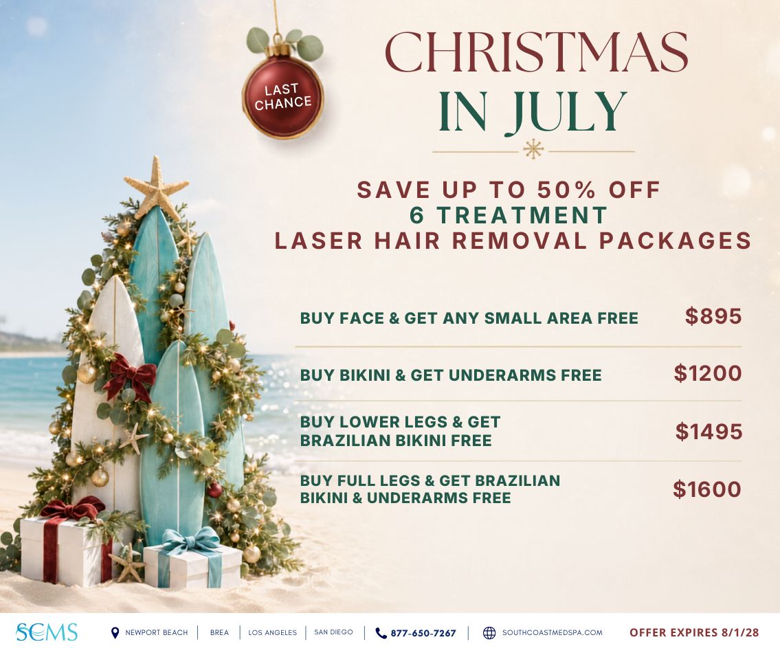 Last-chance Christmas in July promotion: save up to 50% on six-treatment laser hair removal packages. Buy a face package and receive any small area free for $895; buy a bikini package and receive underarms free for $1,200; buy a lower-legs package and receive Brazilian bikini free for $1,495; or buy a full-legs package and receive Brazilian bikini and underarms free for $1,600. Offer expires 8/1/28. South Coast MedSpa locations: Newport Beach, Brea, Los Angeles and San Diego. Call 877-650-7267 or visit SouthCoastMedSpa.com.