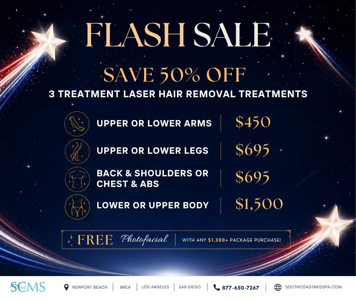 South Coast MedSpa Flash Sale promotional flyer advertising Save 50% Off 3-Treatment Laser Hair Removal Packages. Featured pricing includes Upper or Lower Arms – $450, Upper or Lower Legs – $695, Back & Shoulders or Chest & Abs – $695, and Lower or Upper Body – $1,500. The flyer also includes a Free Photofacial with any $1,300+ package purchase. Footer lists South Coast MedSpa locations in Newport Beach, Brea, Los Angeles, and San Diego, website SouthCoastMedSpa.com, and phone number 877-650-7267. Design features a dark blue night sky background with a gold "FLASH SALE" headline, gold accents, and shooting stars.