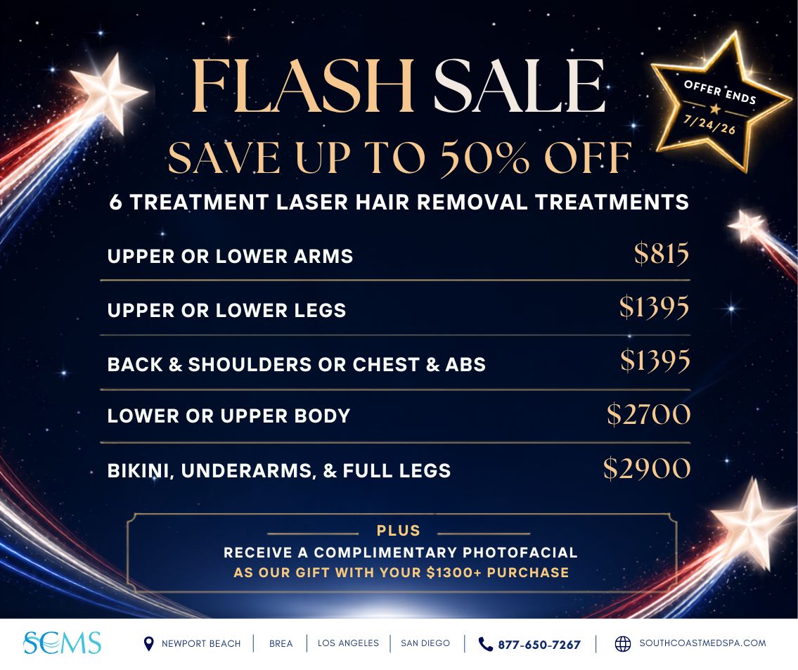 South Coast MedSpa flash sale: Save up to 50% on six laser hair removal treatments. Upper or lower arms, $815; upper or lower legs, $1,395; back and shoulders or chest and abs, $1,395; lower or upper body, $2,700; bikini, underarms, and full legs, $2,900. Receive a complimentary photofacial with a purchase of $1,300 or more. Offer ends July 24, 2026. Available in Newport Beach, Brea, Los Angeles, and San Diego. Call 877-650-7267 or visit SouthCoastMedSpa.com.