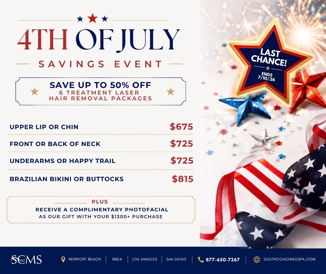 4th of July Savings Event promotion from South Coast MedSpa featuring up to 50% off 6-treatment Laser Hair Removal packages. Promotional pricing includes Upper Lip or Chin $675, Front or Back of Neck $725, Underarms or Happy Trail $725, and Brazilian Bikini or Buttocks $815. Includes a complimentary Photofacial with purchases of $1,300 or more. A glowing "Last Chance! Ends 7/10/26" star appears over a patriotic background with fireworks, metallic red, white, and blue stars, and an American flag ribbon. Locations in Newport Beach, Brea, Los Angeles, and San Diego. Call 877-650-7267 or visit SouthCoastMedSpa.com.