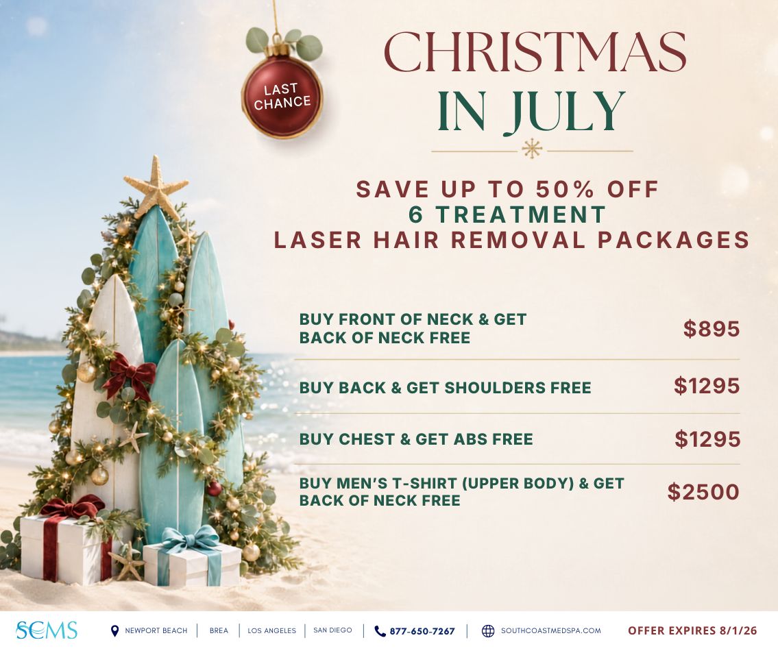 Last-chance Christmas in July promotion: save up to 50% on six-treatment laser hair removal packages. Buy a front-of-neck package and receive the back of the neck free for $895; buy a back package and receive shoulders free for $1,295; buy a chest package and receive abs free for $1,295; or buy a men’s T-shirt upper-body package and receive the back of the neck free for $2,500. Offer expires 8/1/28. South Coast MedSpa locations: Newport Beach, Brea, Los Angeles and San Diego. Call 877-650-7267 or visit SouthCoastMedSpa.com.