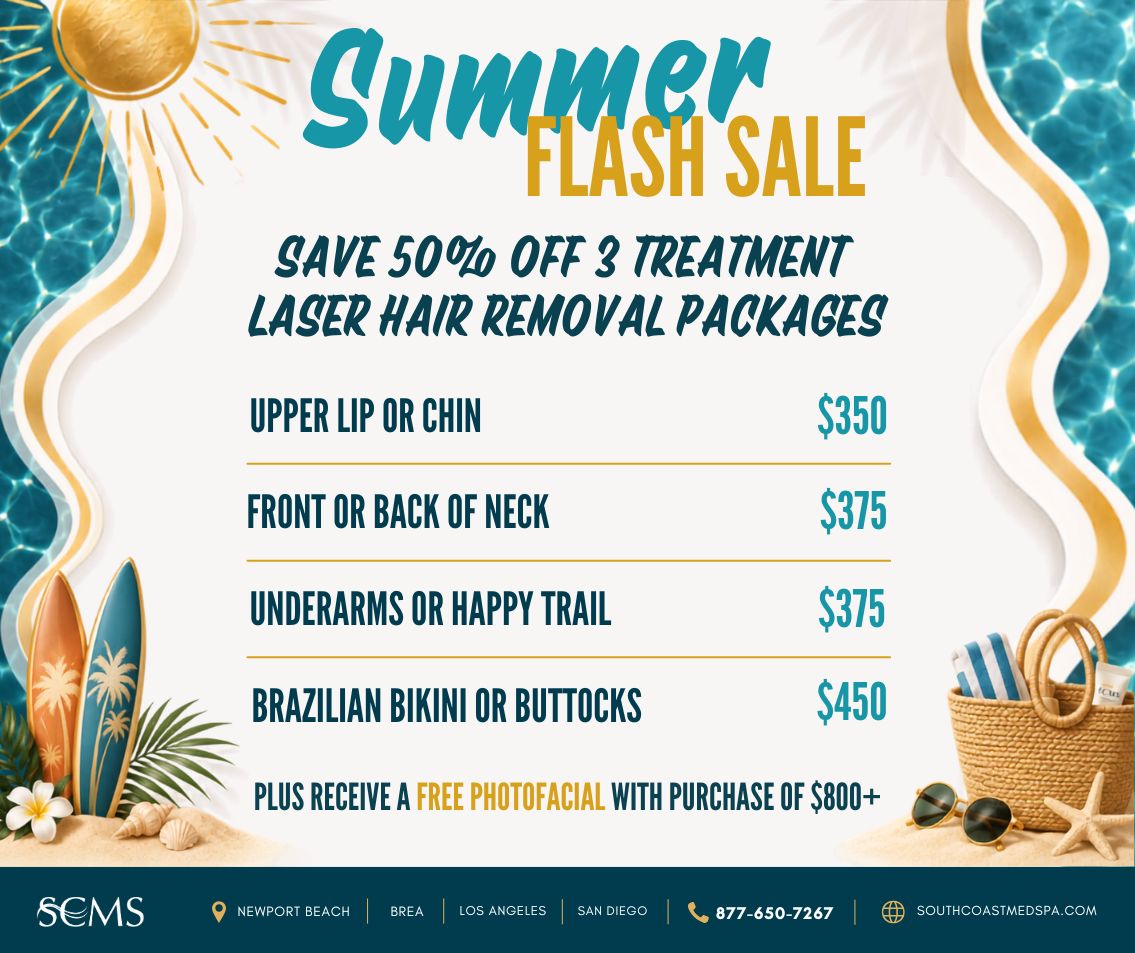 Summer Flash Sale: Save 50% off three-treatment Laser Hair Removal packages. Upper lip or chin $350; front or back of neck $375; underarms or happy trail $375; Brazilian bikini or buttocks $450. Plus receive a free photofacial with purchase of $800 or more. South Coast Medspa locations: Newport Beach, Brea, Los Angeles, and San Diego. Call 877-650-7267 or visit southcoastmedspa.com.