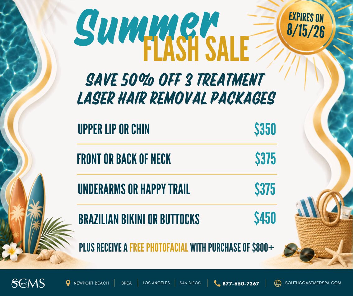 Summer Flash Sale: Save 50% off three-treatment Laser Hair Removal packages. Upper lip or chin $350; front or back of neck $375; underarms or happy trail $375; Brazilian bikini or buttocks $450. Plus receive a free photofacial with purchase of $800 or more. South Coast Medspa locations: Newport Beach, Brea, Los Angeles, and San Diego. Call 877-650-7267 or visit southcoastmedspa.com. Expires 8/15/2026