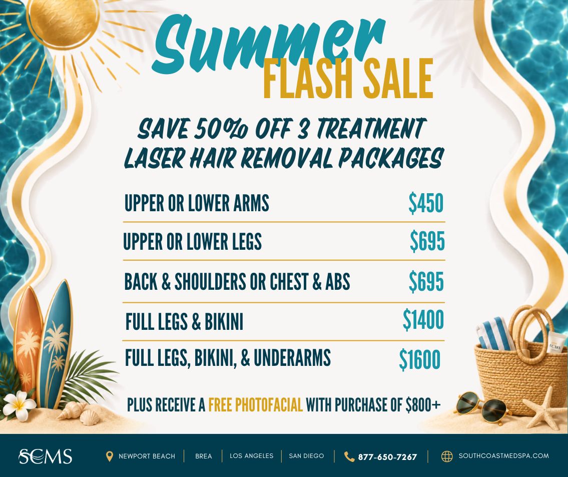 Summer Flash Sale: Save 50% off three-treatment Laser Hair Removal packages. Upper or lower arms $450; upper or lower legs $695; back and shoulders or chest and abs $695; full legs and bikini $1,400; full legs, bikini, and underarms $1,600. Plus receive a free photofacial with purchase of $800 or more. South Coast Medspa locations: Newport Beach, Brea, Los Angeles, and San Diego. Call 877-650-7267 or visit southcoastmedspa.com.