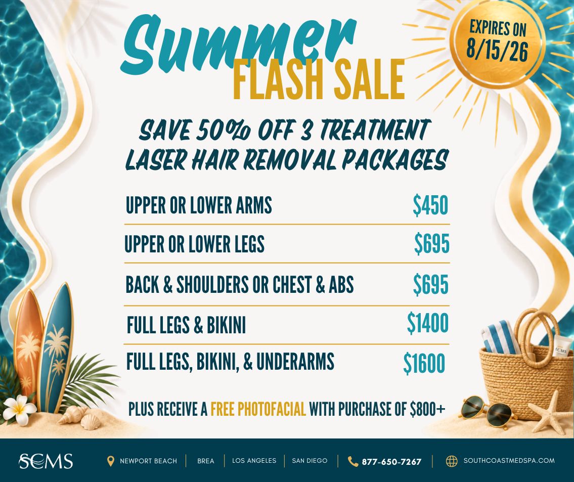 Summer Flash Sale: Save 50% off three-treatment Laser Hair Removal packages. Upper or lower arms $450; upper or lower legs $695; back and shoulders or chest and abs $695; full legs and bikini $1,400; full legs, bikini, and underarms $1,600. Plus receive a free photofacial with purchase of $800 or more. South Coast Medspa locations: Newport Beach, Brea, Los Angeles, and San Diego. Call 877-650-7267 or visit southcoastmedspa.com. Expires 8/15/2026