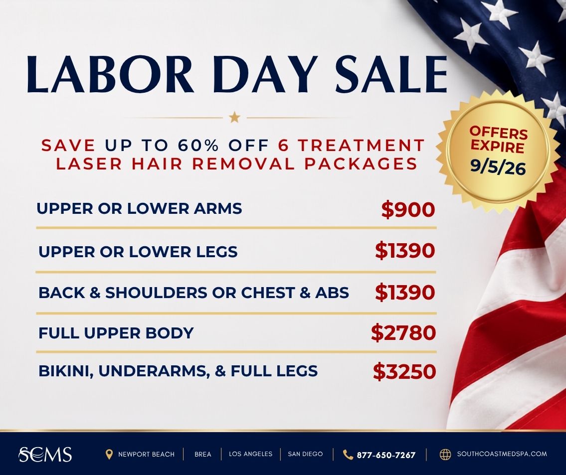 Labor Day Sale. Save up to 60% on six-treatment laser hair removal packages: upper or lower arms, $900; upper or lower legs, $1,390; back and shoulders or chest and abs, $1,390; full upper body, $2,780; and bikini, underarms, and full legs, $3,250. Offers expire September 5, 2026. SCMS locations: Newport Beach, Brea, Los Angeles, and San Diego. Call 877-650-7267 or visit southcoastmedspa.com.