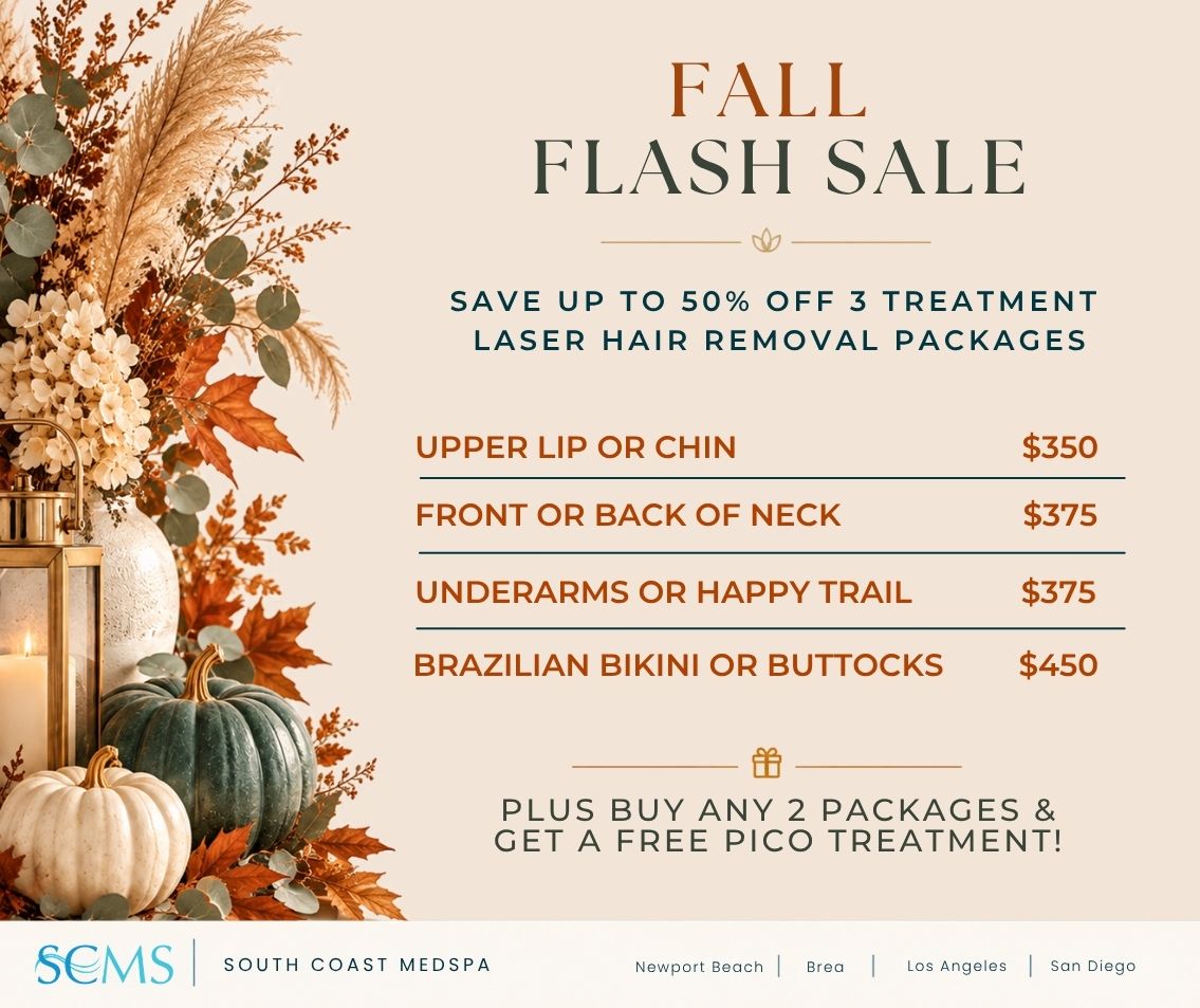 South Coast MedSpa Fall Flash Sale: Save up to 50% off 3-treatment laser hair removal packages. Upper lip or chin: $350; front or back of neck: $375; underarms or happy trail: $375; Brazilian bikini or buttocks: $450. Plus buy any 2 packages and get a free Pico treatment! Locations: Newport Beach, Brea, Los Angeles, and San Diego.