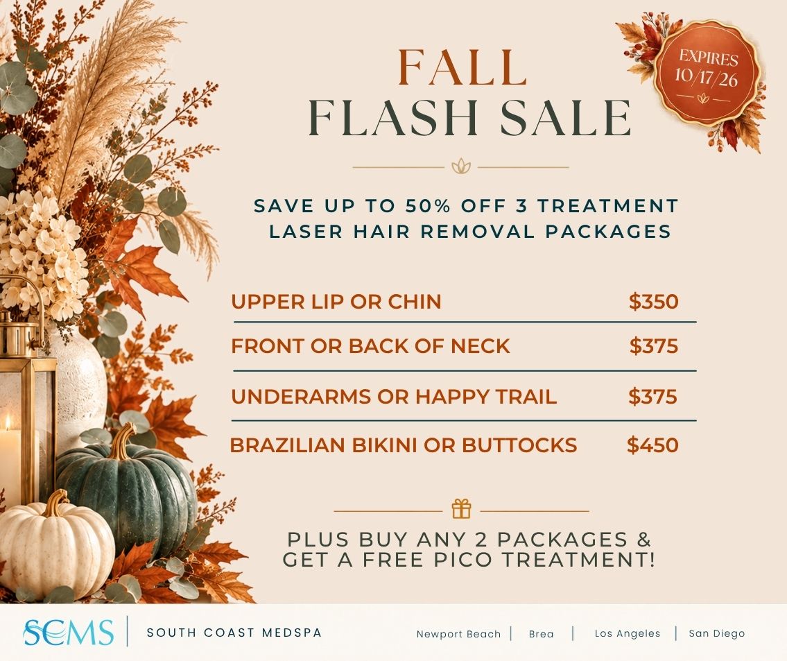 South Coast MedSpa Fall Flash Sale: Save up to 50% off 3-treatment laser hair removal packages. Upper lip or chin: $350; front or back of neck: $375; underarms or happy trail: $375; Brazilian bikini or buttocks: $450. Plus, buy any 2 packages and receive one free Pico treatment as our gift with purchase! Offer expires October 17, 2026. Locations: Newport Beach, Brea, Los Angeles, and San Diego.