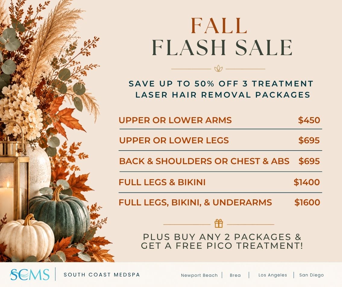 South Coast MedSpa Fall Flash Sale: Save up to 50% off 3-treatment laser hair removal packages. Upper or lower arms: $450; upper or lower legs: $695; back and shoulders or chest and abs: $695; full legs and bikini: $1,400; full legs, bikini, and underarms: $1,600. Plus buy any 2 packages and get a free Pico treatment! Locations: Newport Beach, Brea, Los Angeles, and San Diego.