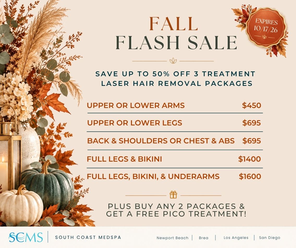 South Coast MedSpa Fall Flash Sale: Save up to 50% off 3-treatment laser hair removal packages. Upper or lower arms: $450; upper or lower legs: $695; back and shoulders or chest and abs: $695; full legs and bikini: $1,400; full legs, bikini, and underarms: $1,600. Plus, buy any 2 packages and receive one free Pico treatment as our gift with purchase! Offer expires October 17, 2026. Locations: Newport Beach, Brea, Los Angeles, and San Diego.